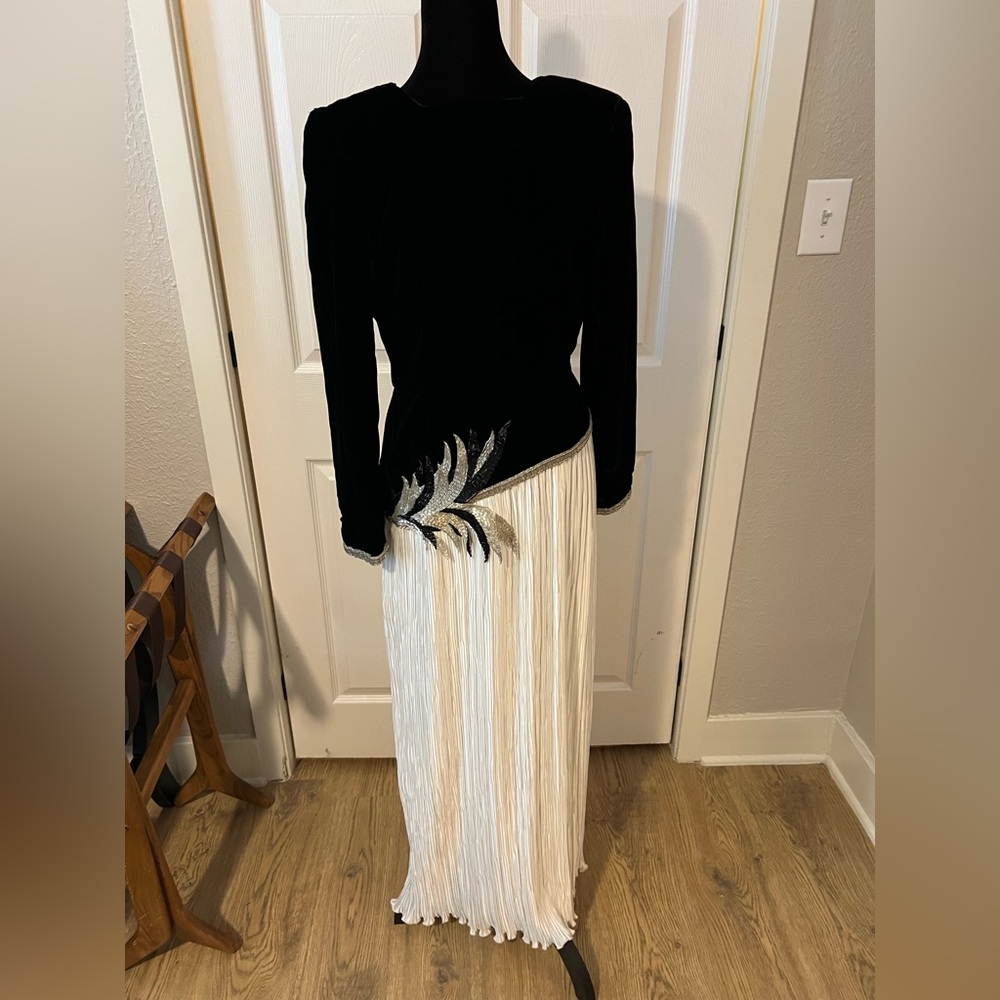Vintage George F. Couture Velvet and Plisse Beaded Gown